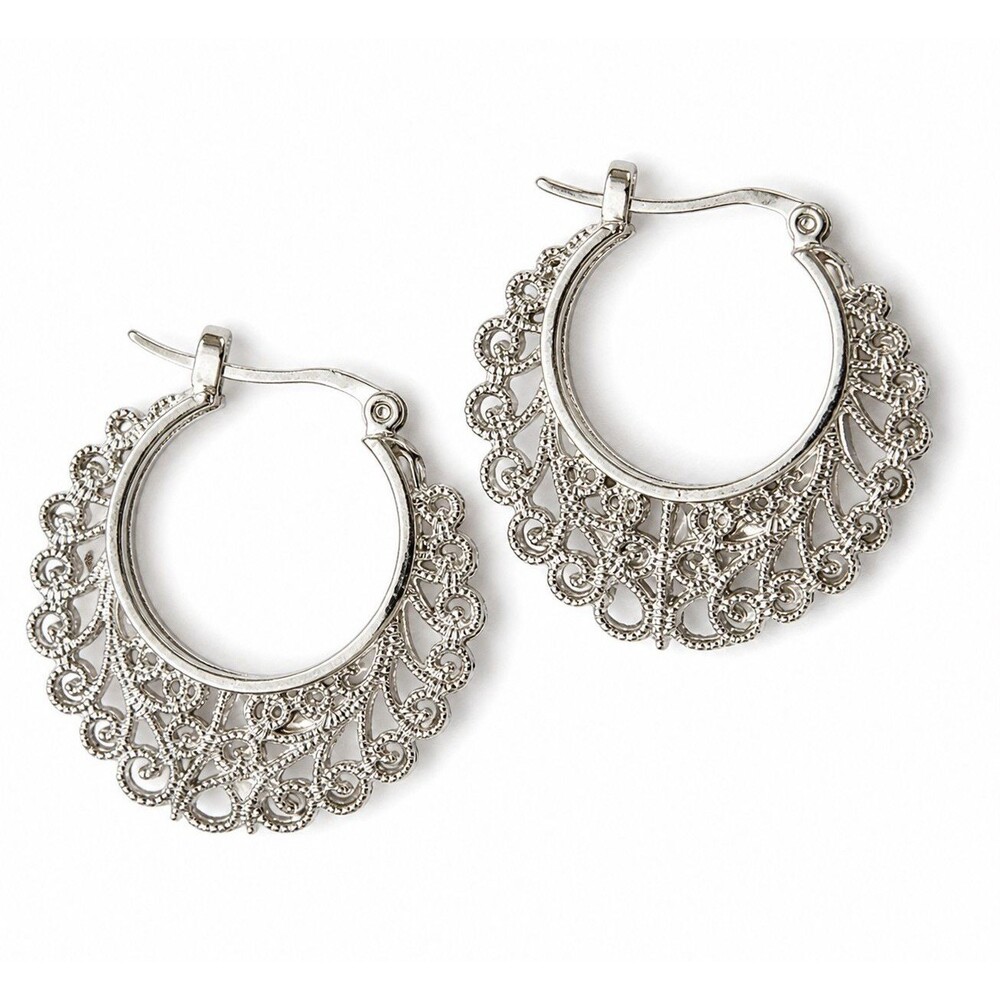 Vintage Silver Filigree Hoop Earrings Ornate Lace Scroll  Boho Statement